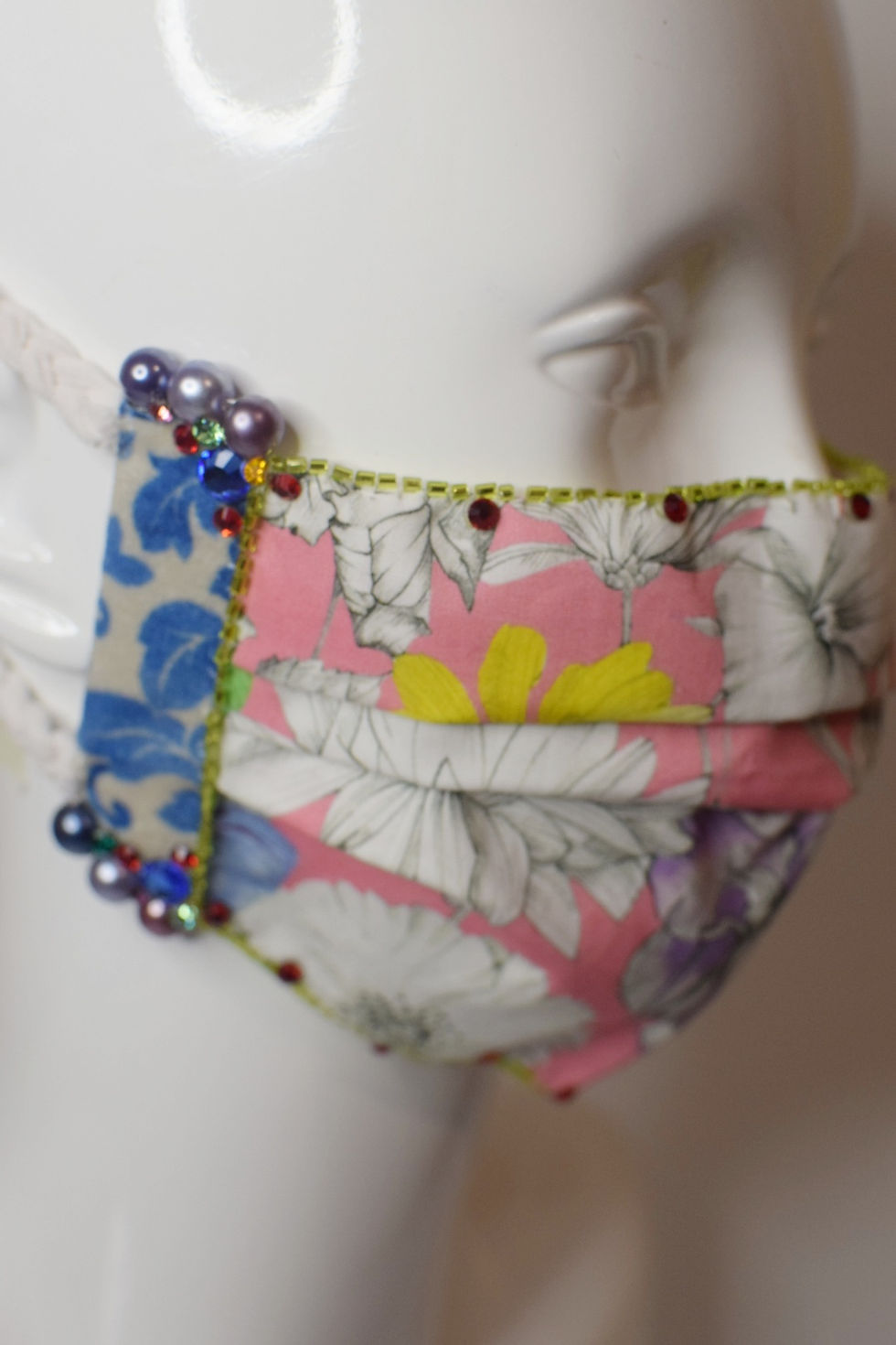 Thumbnail: Pink floral Liberty print cotton facemask, velvet, pearls, Swarovski crystals 