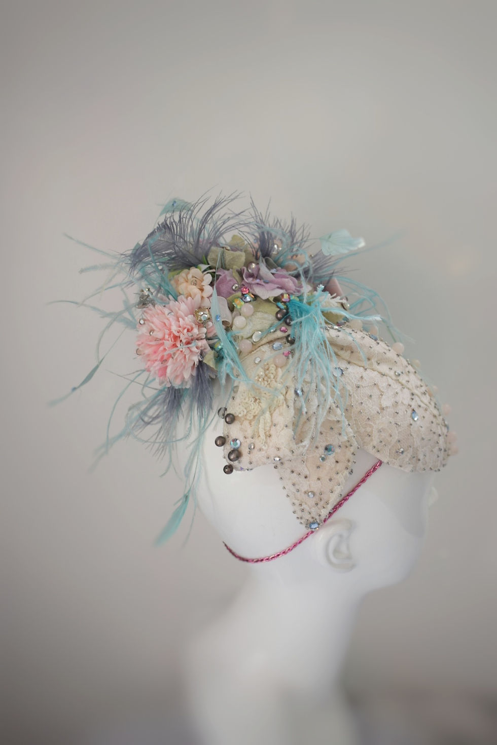 Thumbnail: Pastel flowers lace and rose quartz occassion hat