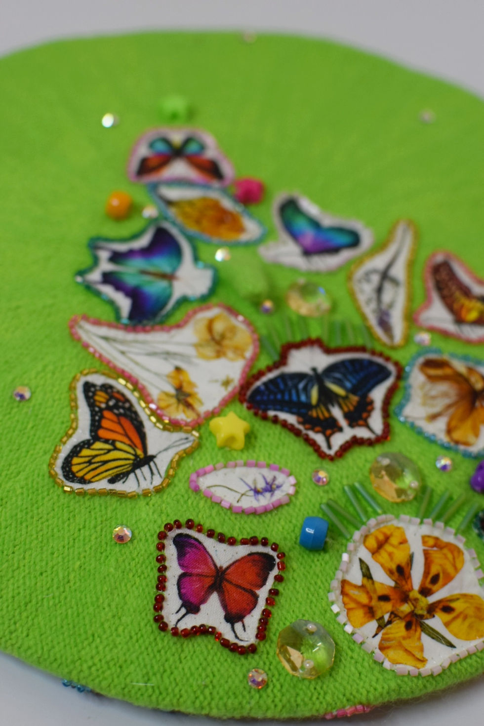 Thumbnail: Lime green butterflies & flowers applique glam beret