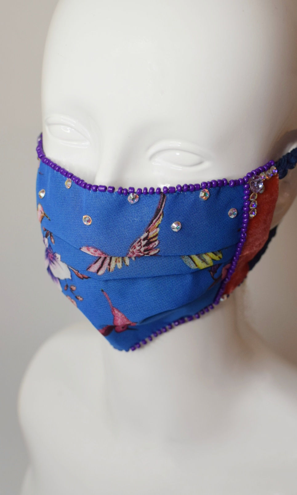 Thumbnail: Hummingbird print facemask with Swarovski crystals and cotton lining 