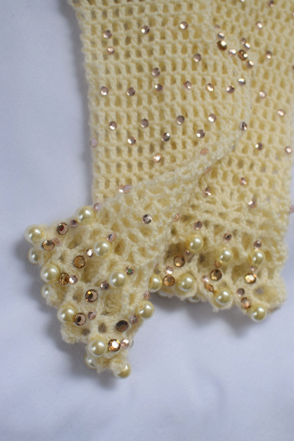 Thumbnail: Cream and pearls sparkly fingerless  crochet gloves