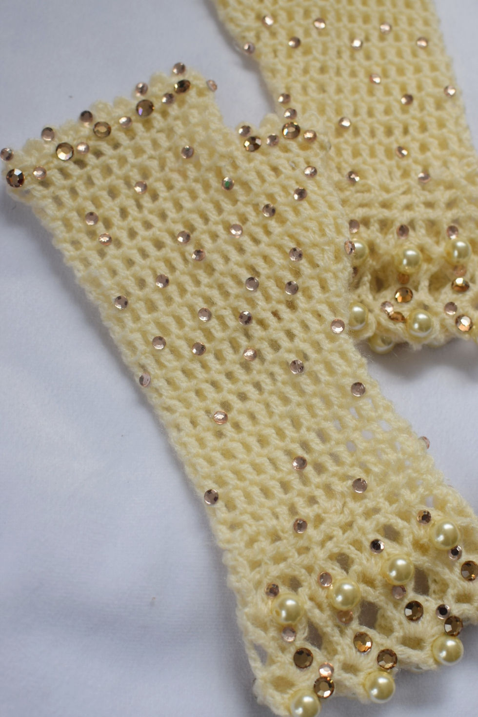 Thumbnail: Cream and pearls sparkly fingerless  crochet gloves