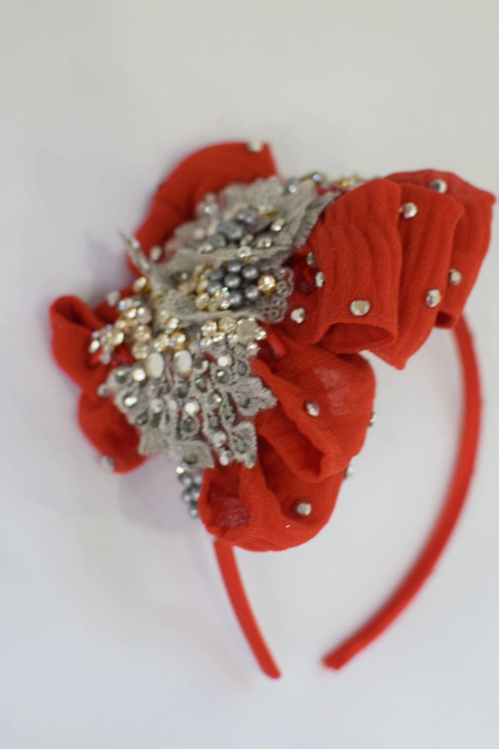 Thumbnail: Red bows and grey silver lace Alice band headpiece 