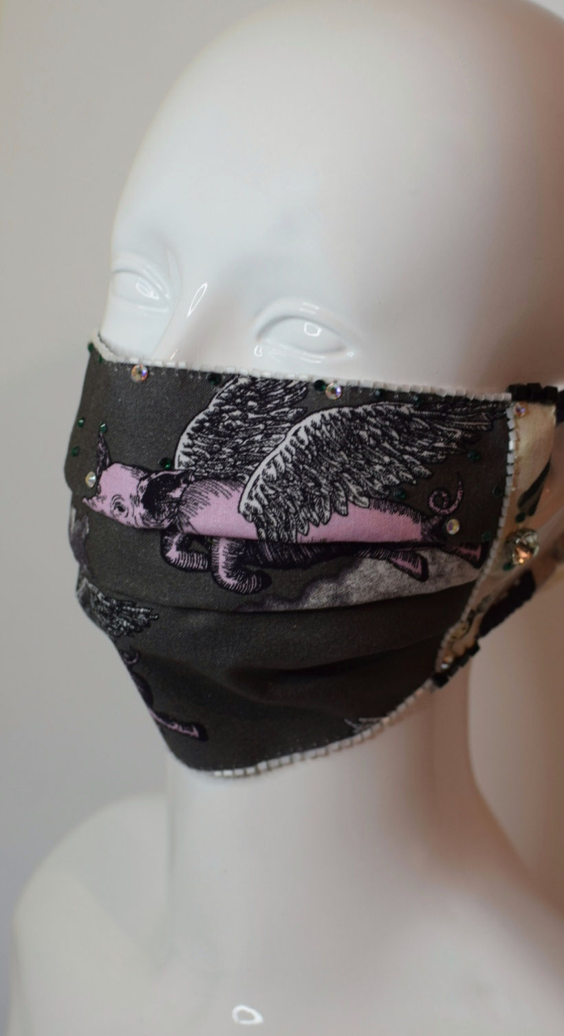 Thumbnail: Flying pigs glam facemask with white beading 
