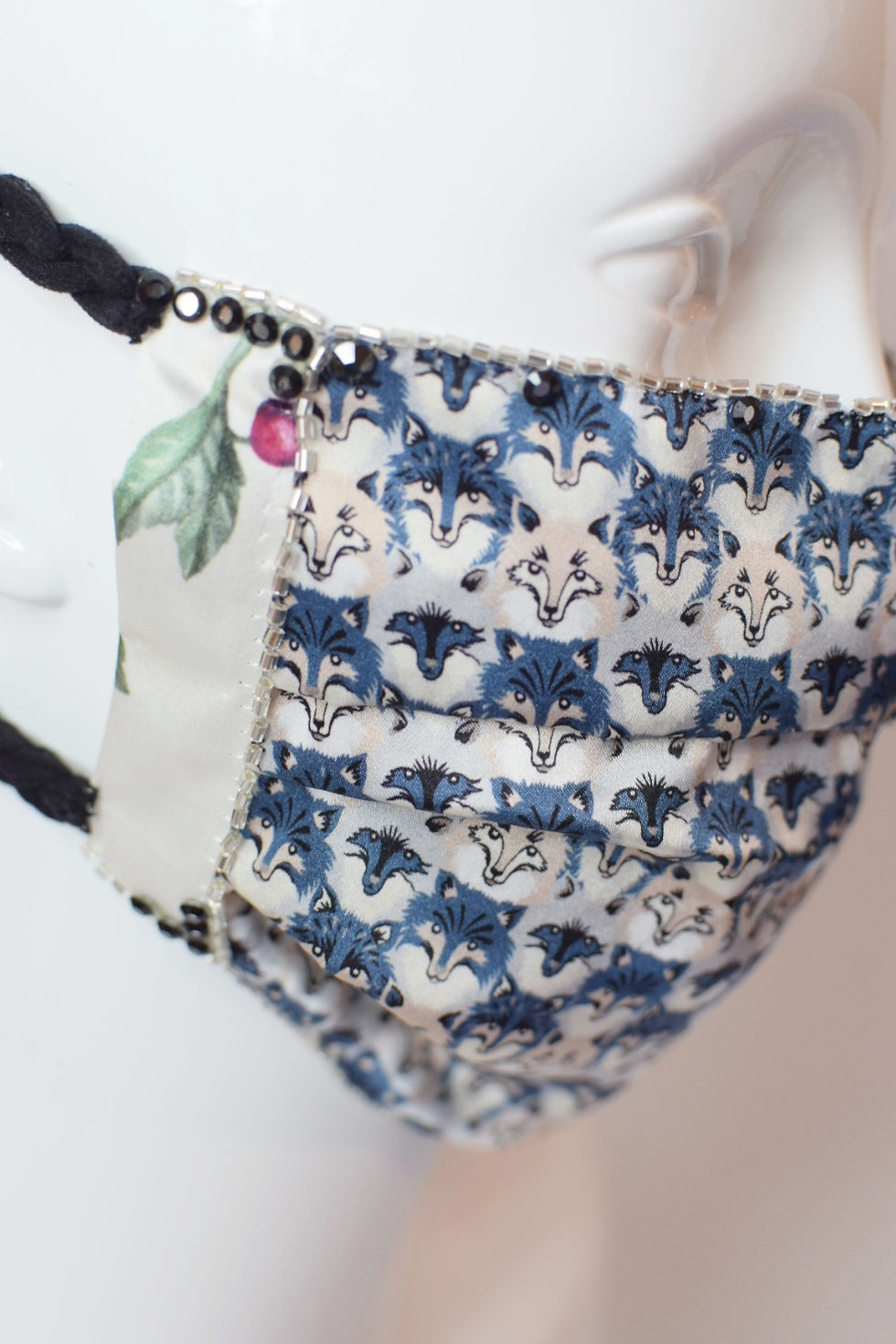 Thumbnail: Wolves and foxes Liberty print silk glam facemask with Swarovski crystals 