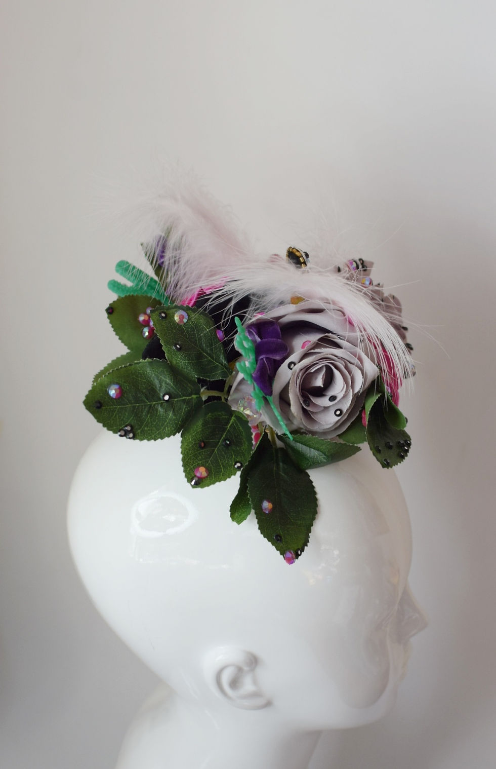 Thumbnail: Grey and pink roses and velvet bows fascinator headpiece 