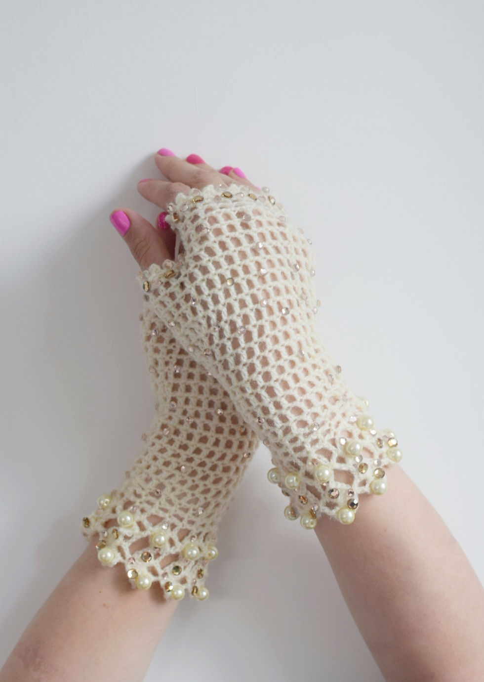 Thumbnail: Cream and pearls sparkly fingerless  crochet gloves