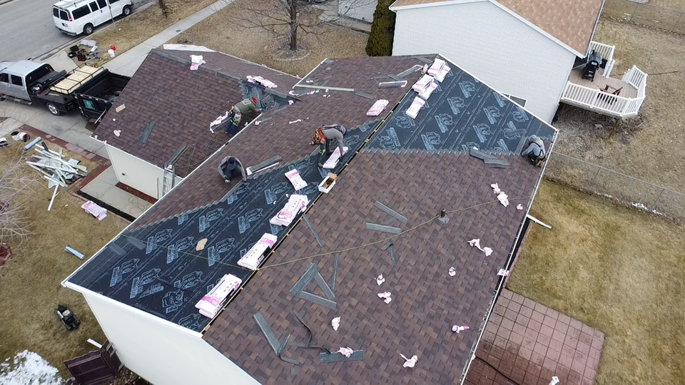 aerial photo of roof installation in Fargo, ND