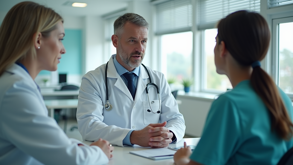 Eye-level view of a healthcare provider discussing with a patient in a clinic