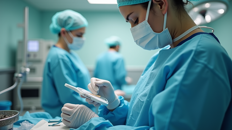 Close-up view of a nurse preparing medical equipment in a clinic