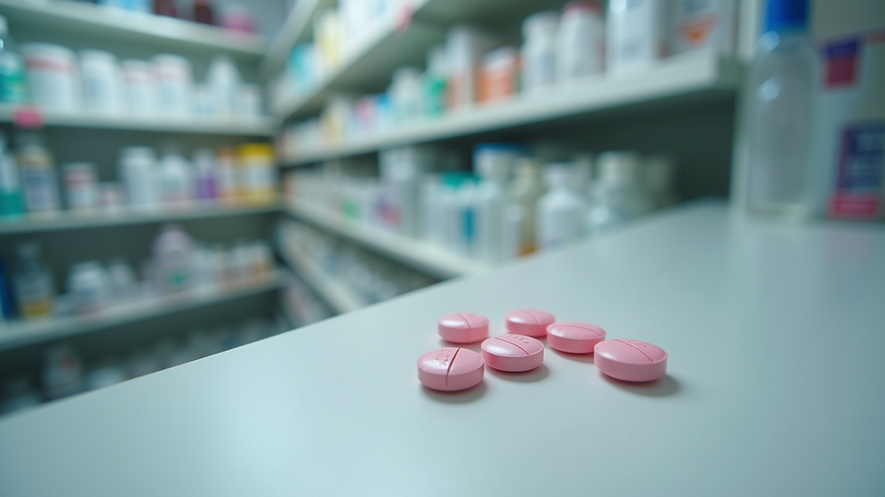 Eye-level view of a pharmacy counter with emergency contraception pills