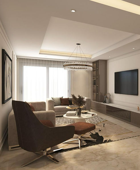 Elegant living room remodel by Tron Homes in Gurgaon featuring neutral tones, modern furniture, and layered lighting design