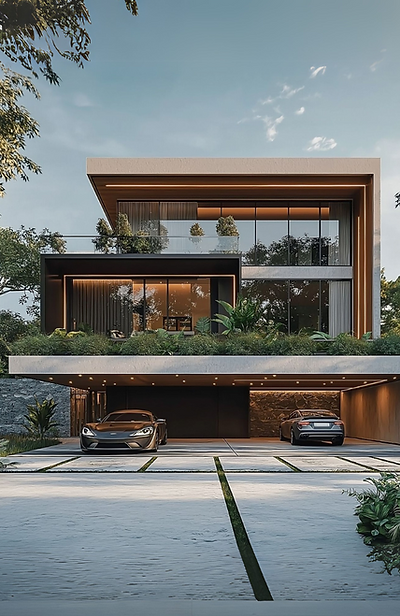 Modern luxury villa with glass façade, layered green terraces, and double car garage designed by Tron Homes in Delhi.