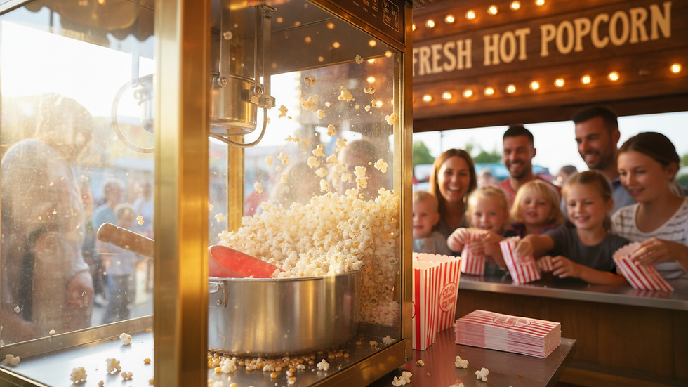 Close-up of a popcorn machine popping fresh popcorn kernels