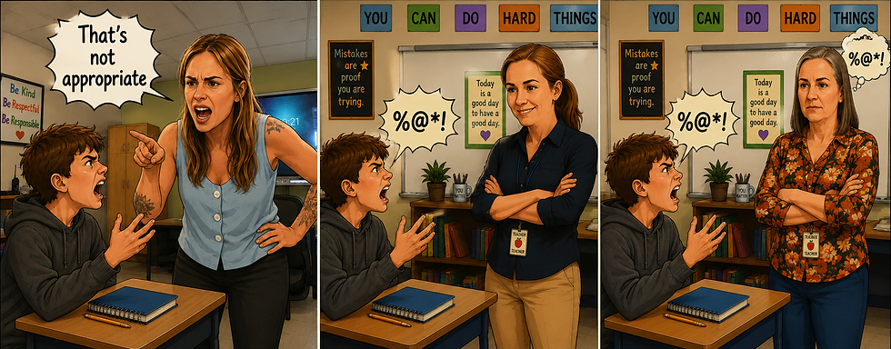 Either picture 2 or 3 shows an okay response to the student. (I believe Paula's Stepford Wife expression is a little over the top.)