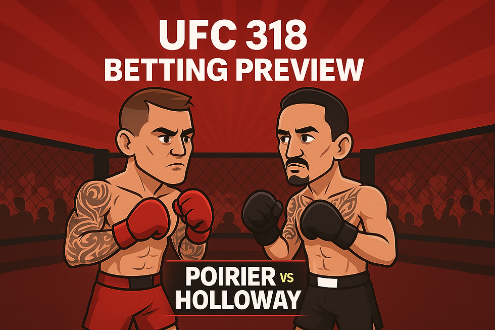Cartoon fighters in a red boxing ring face off. Text reads "UFC 318 Betting Preview" and "Poirier vs Holloway." Intense mood.