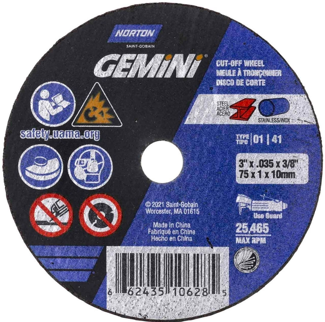 NORTON Gemini 3" x .035" x 3/8" Reinforced Cut-Off Wheels, 60 Grit, 25pk 