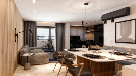 "Apartamento em São Bernardo do Campo com design contemporâneo para homem solteiro e jogador de poker, apresentando cozinha integrada, sala, home office e quarto, com paleta de cores neutras e detalhes em azul marinho."