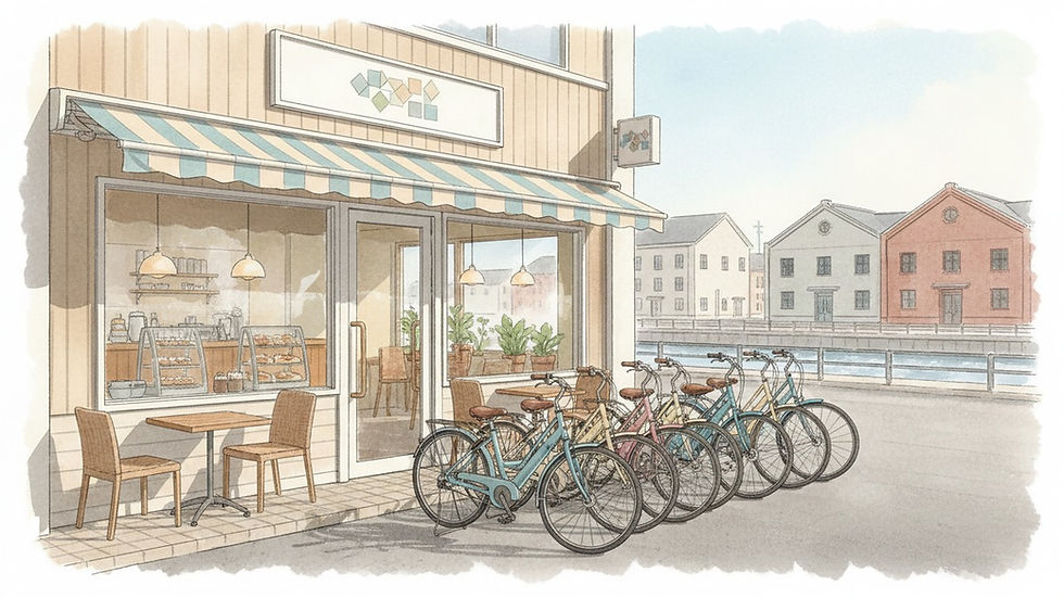 COTARUの店頭・電動自転車とカフェ入口の雰囲気（小樽駅近く）