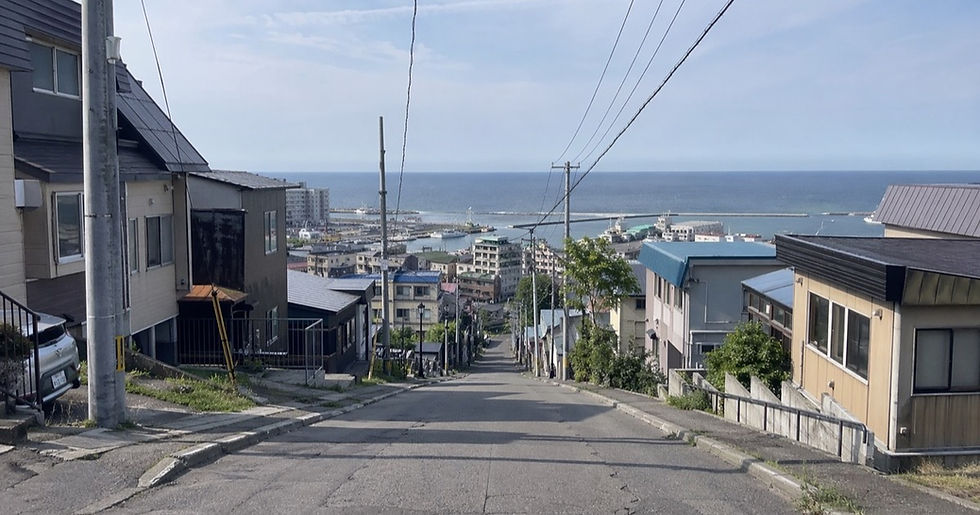 船見坂から小樽港を望む急な坂道の風景