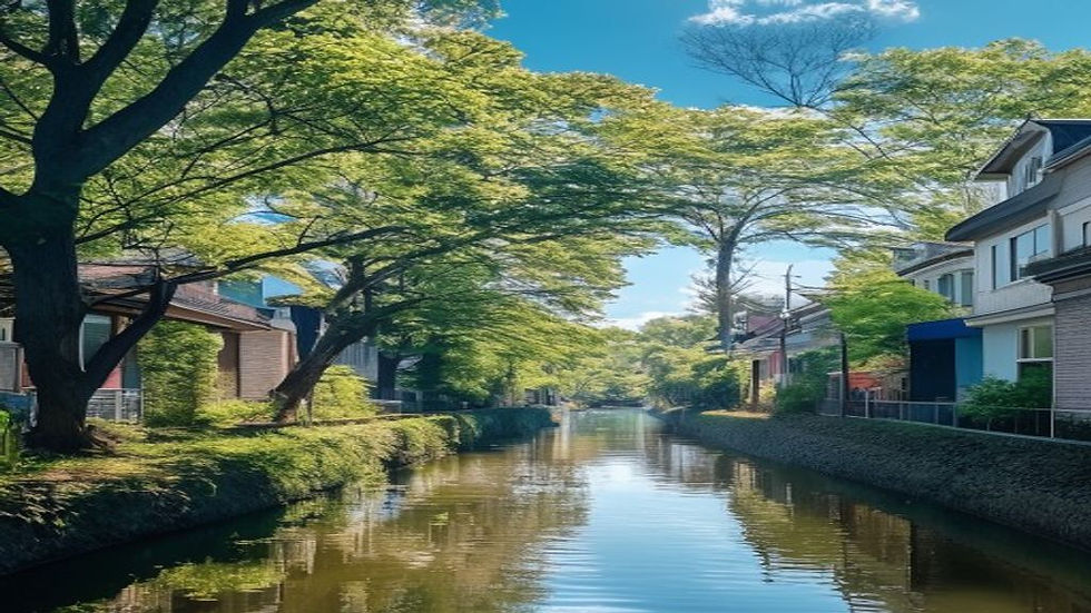初夏の小樽運河と新緑(小樽運河エリア・43.1953°N 141.0036°E)