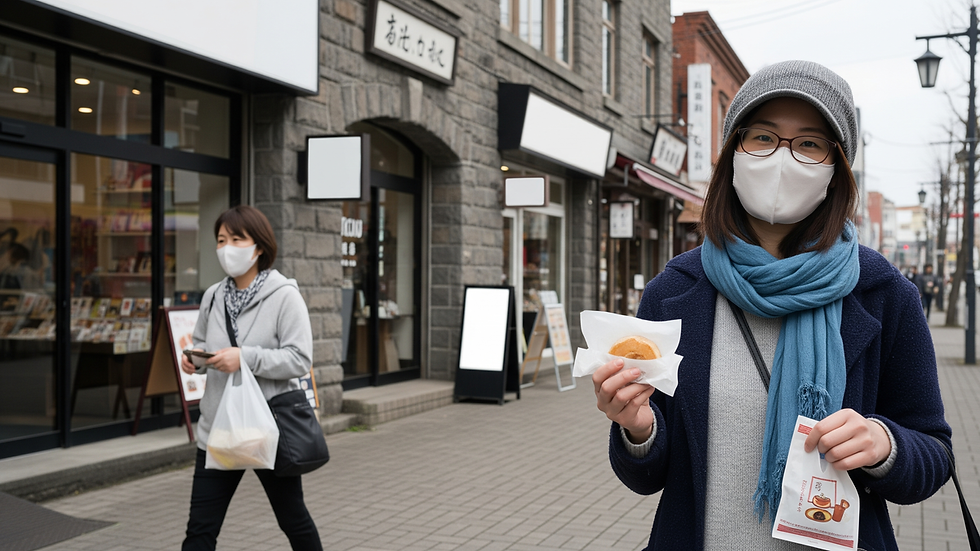 小樽堺町通りを歩きながら軽食とスイーツを選ぶ観光客のイメージ