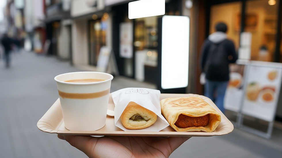 無名の観光通りでスイーツと軽食を少しずつ選ぶ手元のイメージ