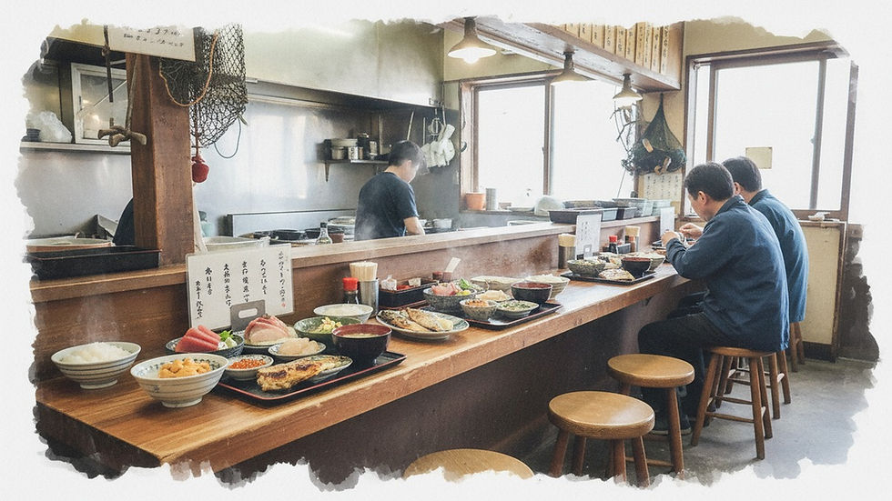 朝の食堂カウンターに並ぶ和食の朝定食。味噌汁・焼き魚・白飯の組み合わせ