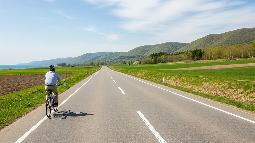 後志の春景色を走る自転車と道路風景・直売所へのアクセスイメージ
