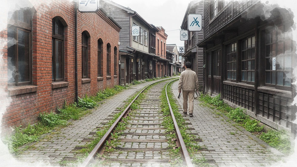 旧手宮線の線路跡を歩きながら作品巡礼のメモを見る旅行者のイメージ