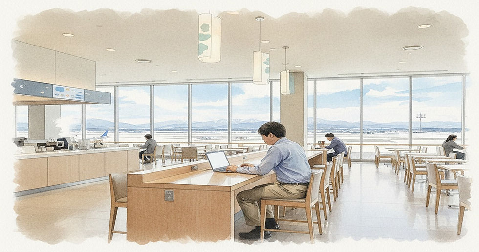 新千歳空港のカフェで一人で作業するビジネス旅行者のイメージ