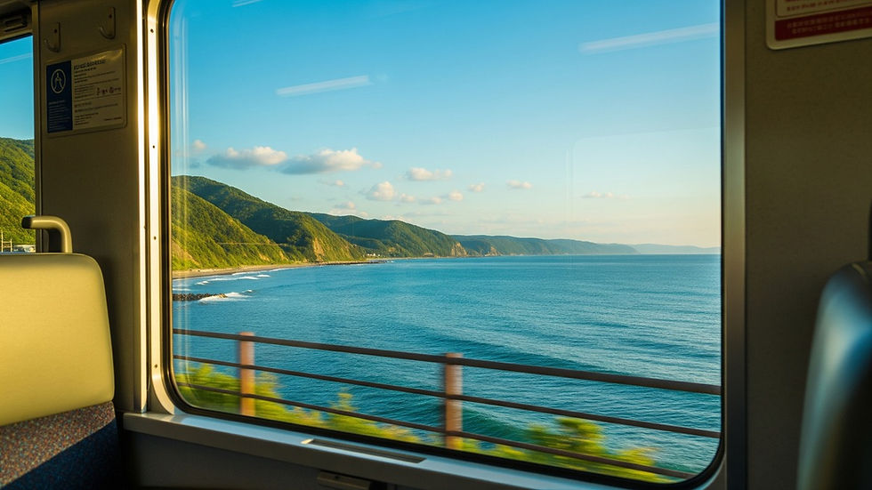 函館本線の石狩湾沿いを走る列車の車窓から見た夏の海。山と海が広がる景観。