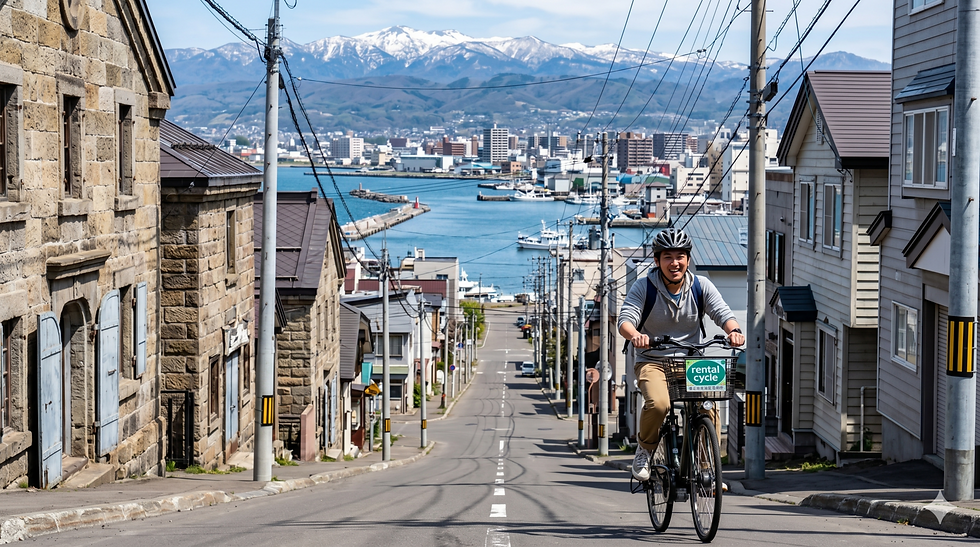 小樽の坂道を電動アシスト自転車で快適に登る様子、海の景色を背景に