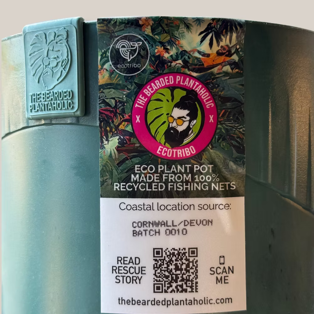 A collection of The Bearded Plantaholic pots in vibrant recycled materials, each one uniquely patterned and sustainable.