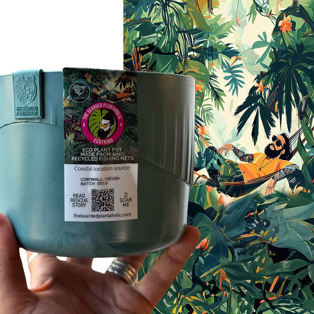 The Bearded Plantaholic’s limited-edition recycled ocean plastic plant pots made from UK beach fishing nets.