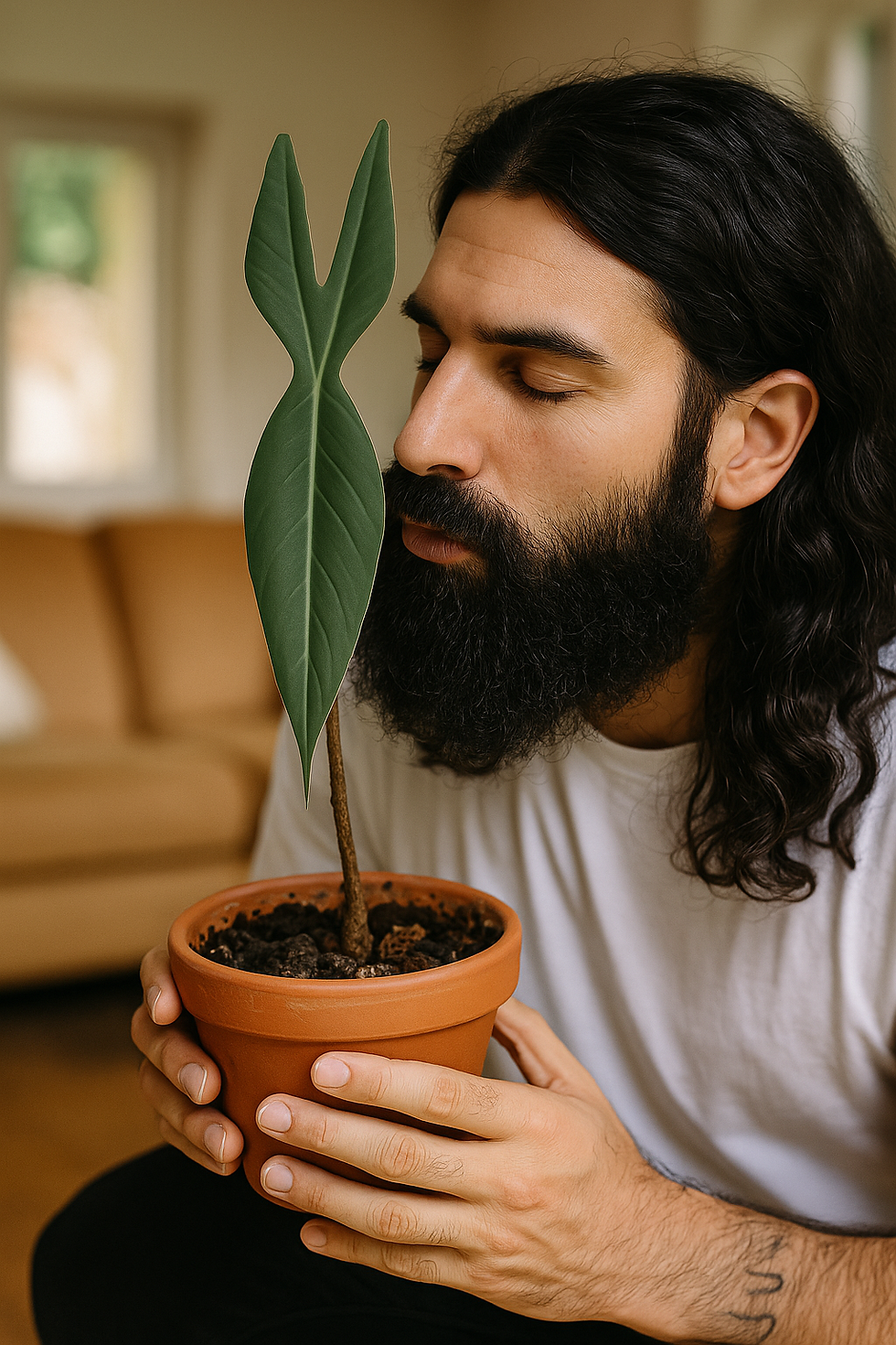 A realistic photo of a man with long, wavy hair and a beard gently whispering to a Philodendron spiritus-sancti, surrounded by jungle-like houseplants.