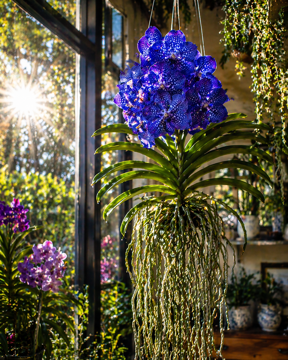 Vanda orchid with vivid blue-purple flowers placed in strong natural sunlight near a bright window