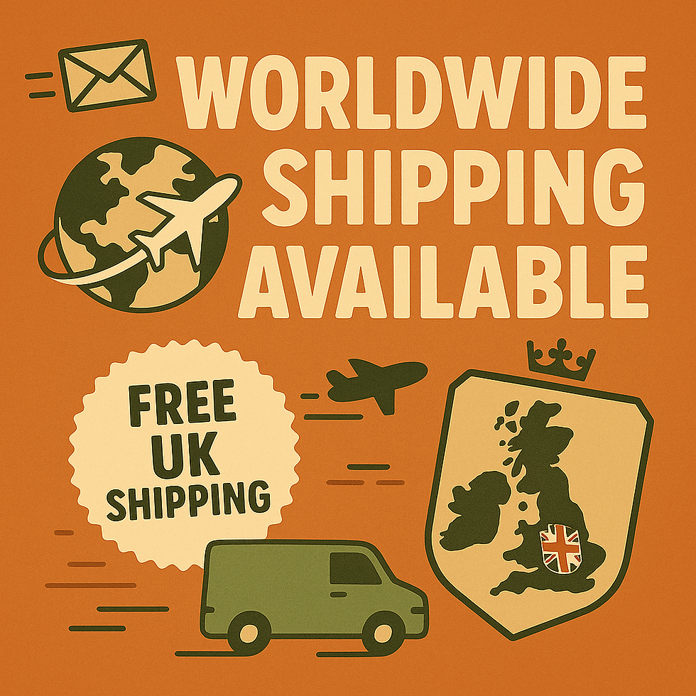 Retro-style digital illustration with text “Worldwide Shipping Available” and “Free UK Shipping,” featuring globe, airplane, delivery van, and UK map with crown and Union Jack shield.
