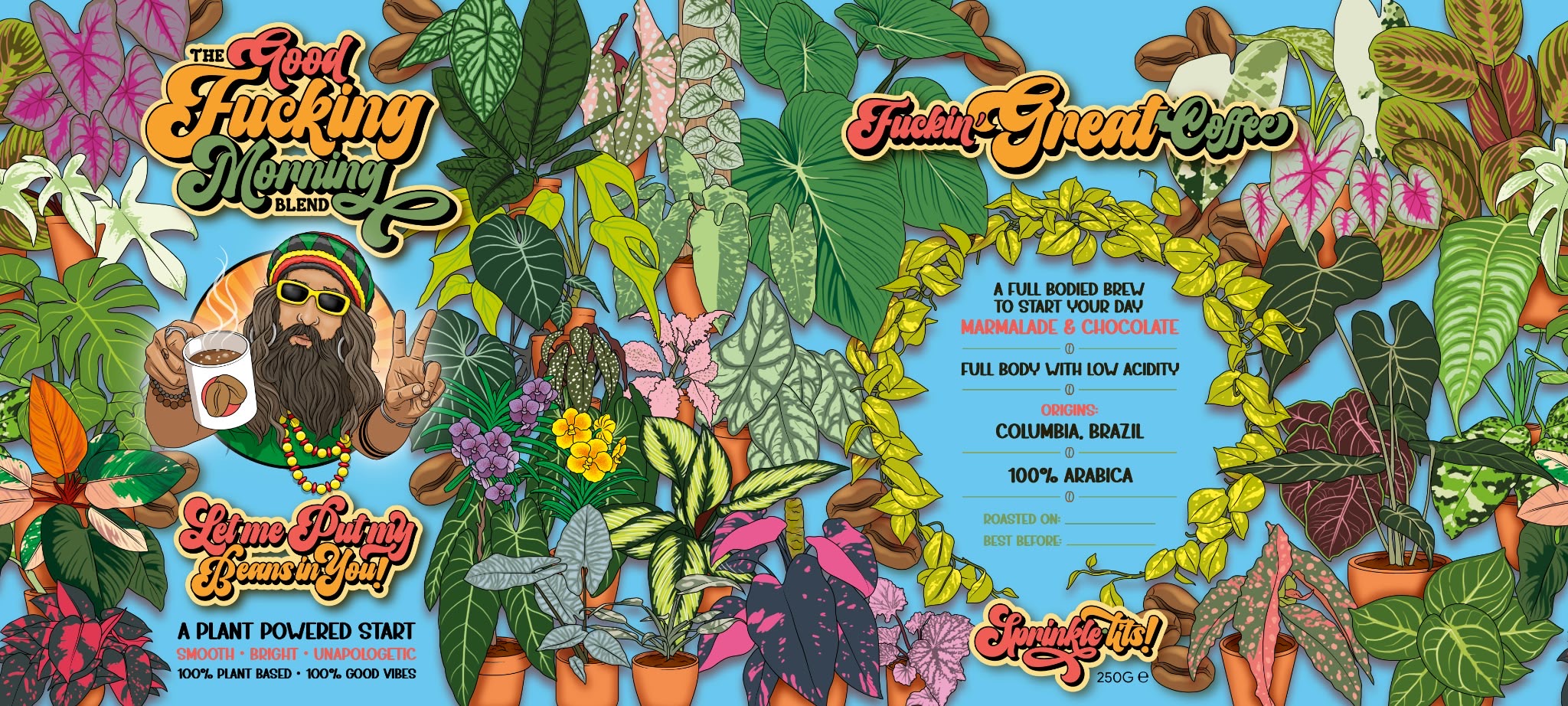 Stevie’s complete tropical tin artwork for Good Fucking Morning Blend
