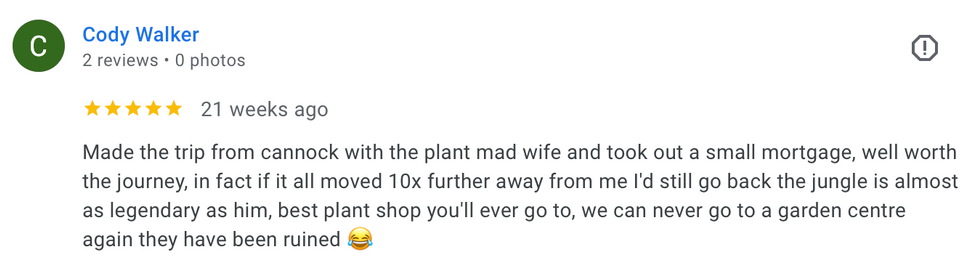 Five-star Google review praising the Bearded Plantaholic physical plant shop, friendly welcome, expert plant knowledge, and immersive jungle experience.