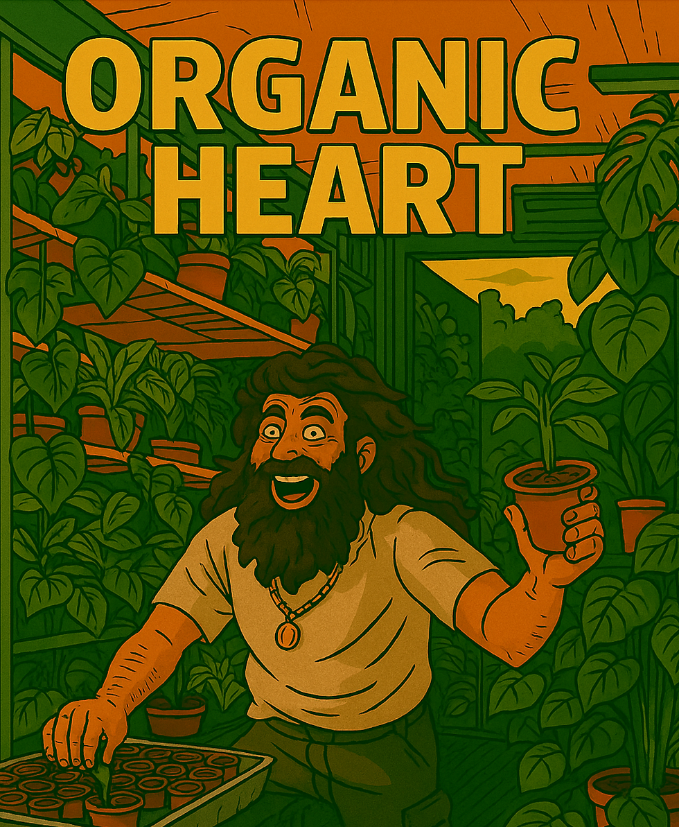 Vibrant retro artwork of a bearded man joyfully propagating plants inside a 45-foot jungle-filled lorry. Grow lights glow above lush tropical leaves on shelving, with the title ORGANIC HEART in bold yellow text at the top.
