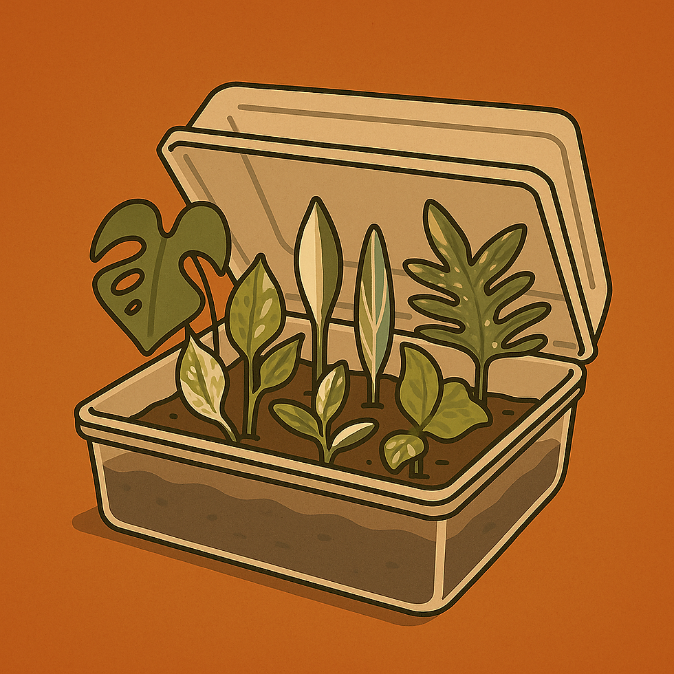 Retro cartoon of an open propagation box overflowing with rare cuttings of Philodendrons, Monsteras, and Anthuriums. Around the box, a proud beginner admires their first cutting, a collector clutches rare cuttings with excitement, and friends laugh together with soil on their hands. Tropical houseplants, speakers, and fairy lights complete the scene.