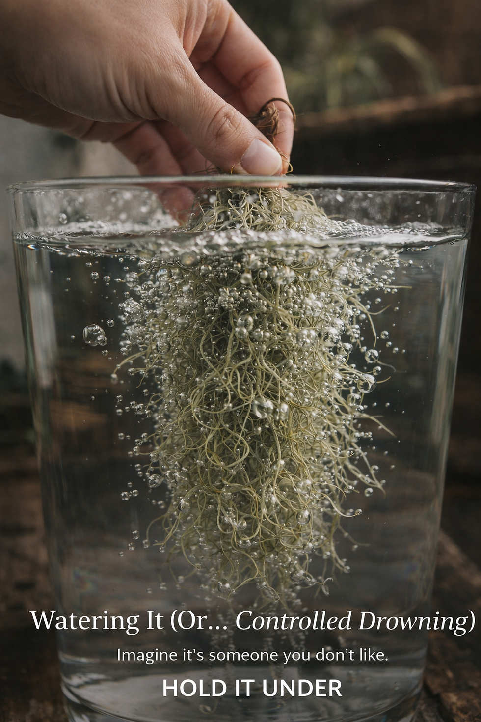 Spanish moss submerged in water with air bubbles escaping, demonstrating the soaking process during watering.