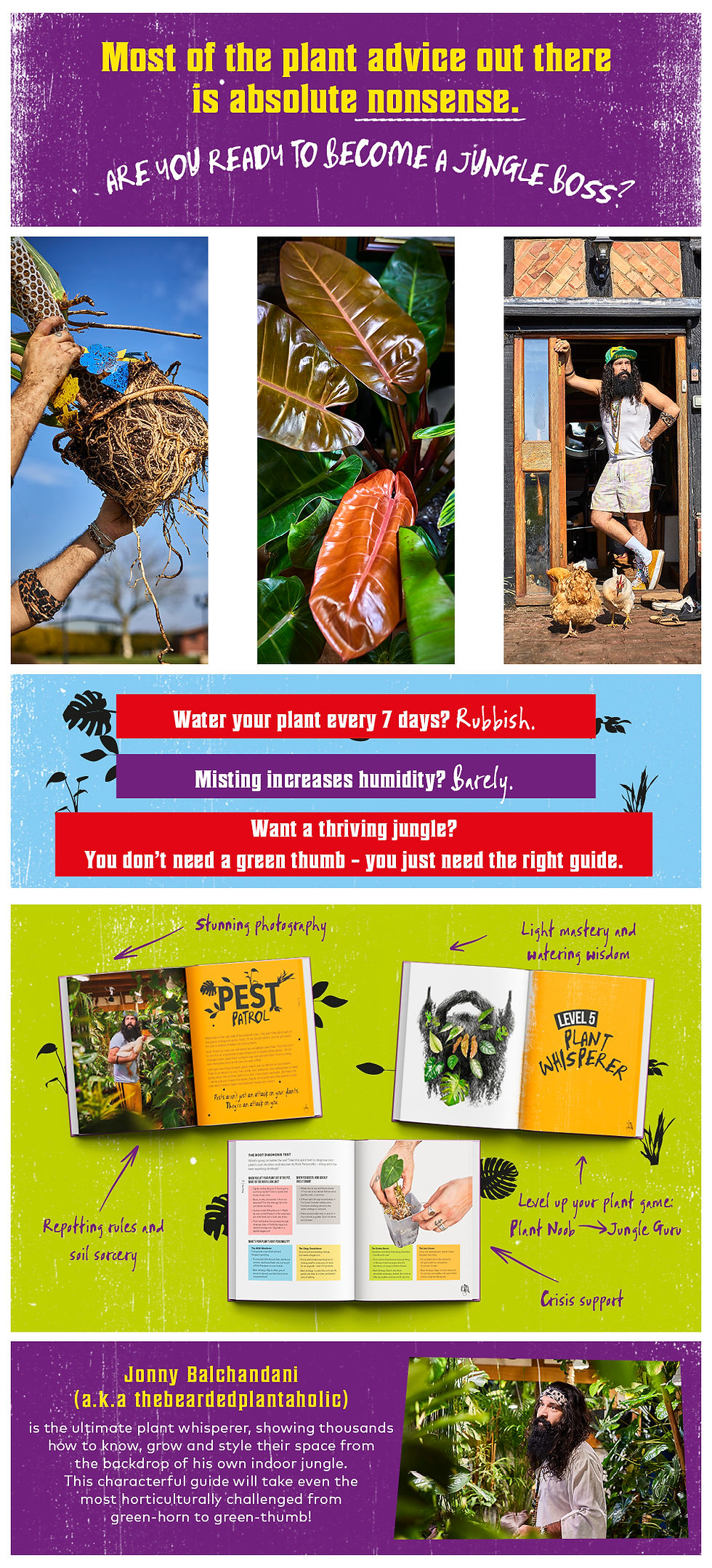 Colourful flat retro fun design showcasing You’re Overwatering It — the debut book by The Bearded Plantaholic. Playful, bold, and plant-themed illustration with a banner reading: “Pre-order now.”