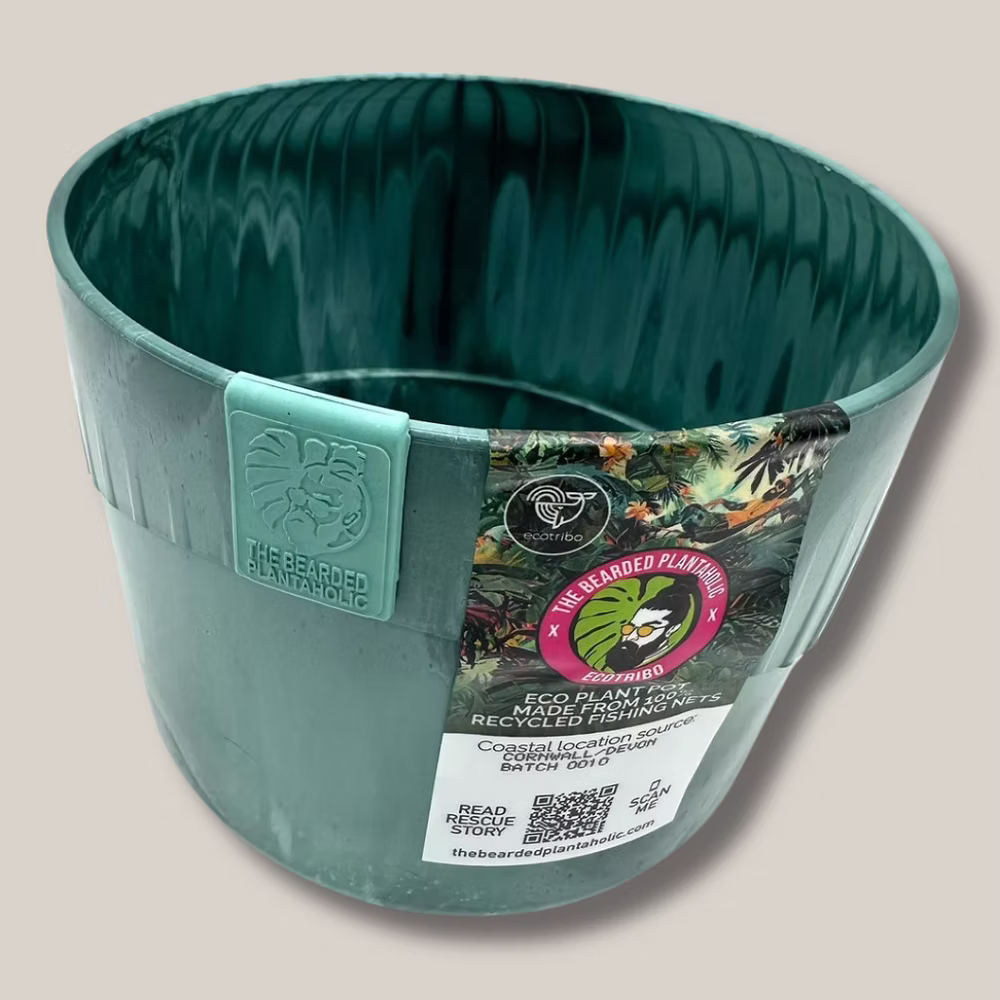 Close-up of the recycled plant pot’s unique texture and teal-green marbling, crafted from reclaimed ocean plastic.