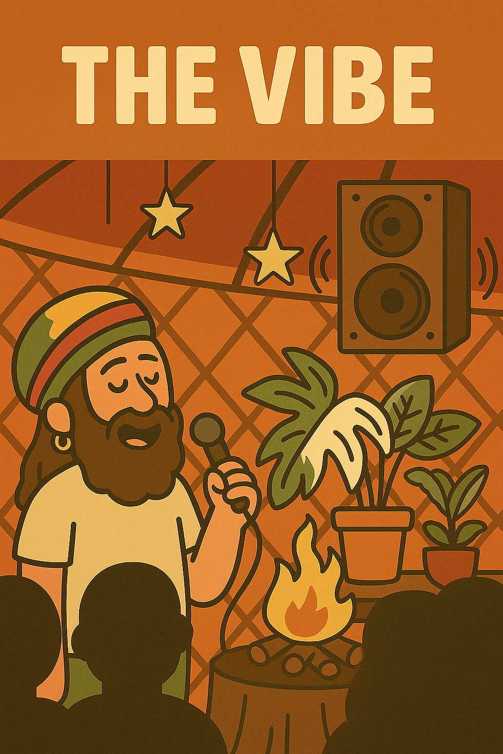 Cartoon scene inside a Mongolian yurt filled with laughter, reggae music blasting from speakers, a fire glowing in the middle, stars and fairy lights hanging above, and people with soil on their hands holding plant cuttings. The bearded teacher leads the fun.