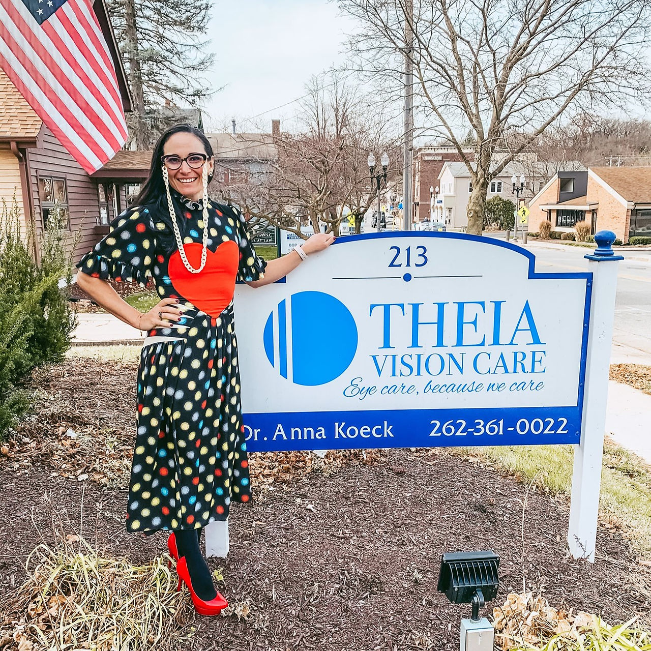 Anna Koeck, OD, CEO and optometrist at Theia Vision Care standing outside the practice.