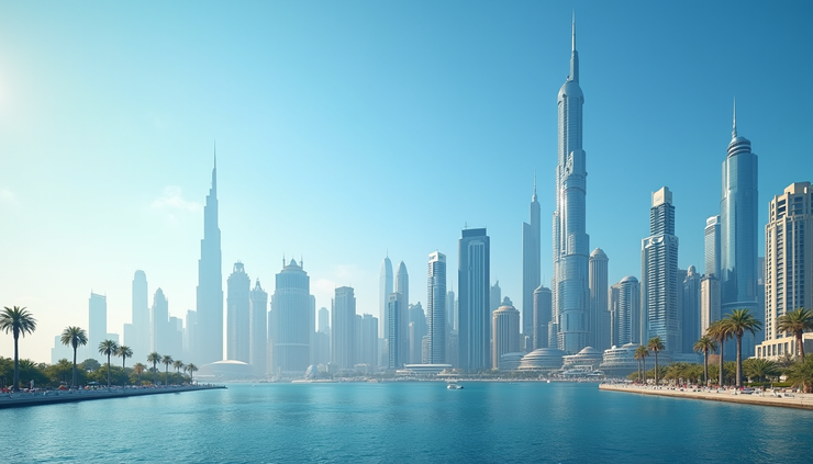 Eye-level view of Dubai skyline with modern skyscrapers and clear blue sky