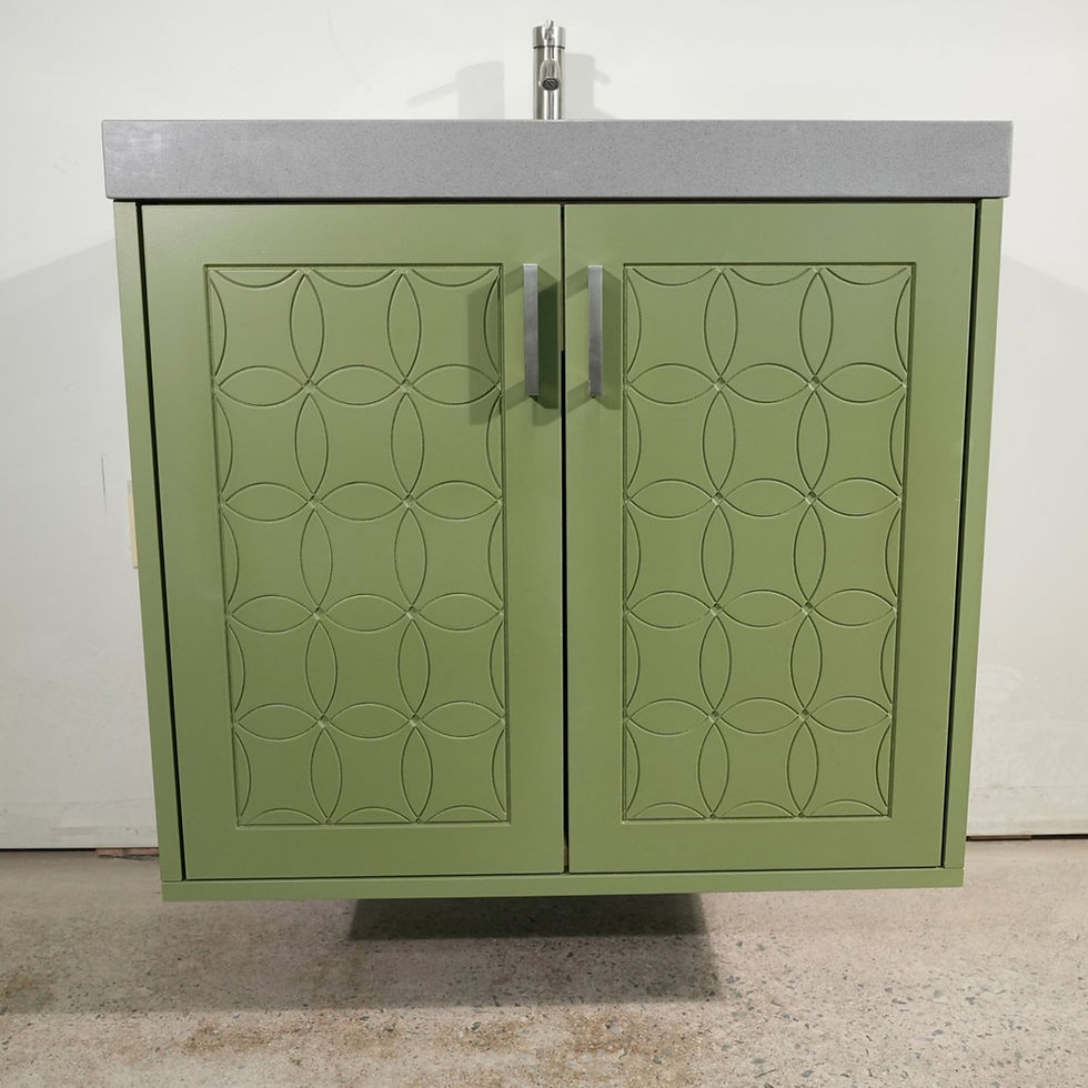 Custom designed sage green sink cabinet with modern pattern and hardware
