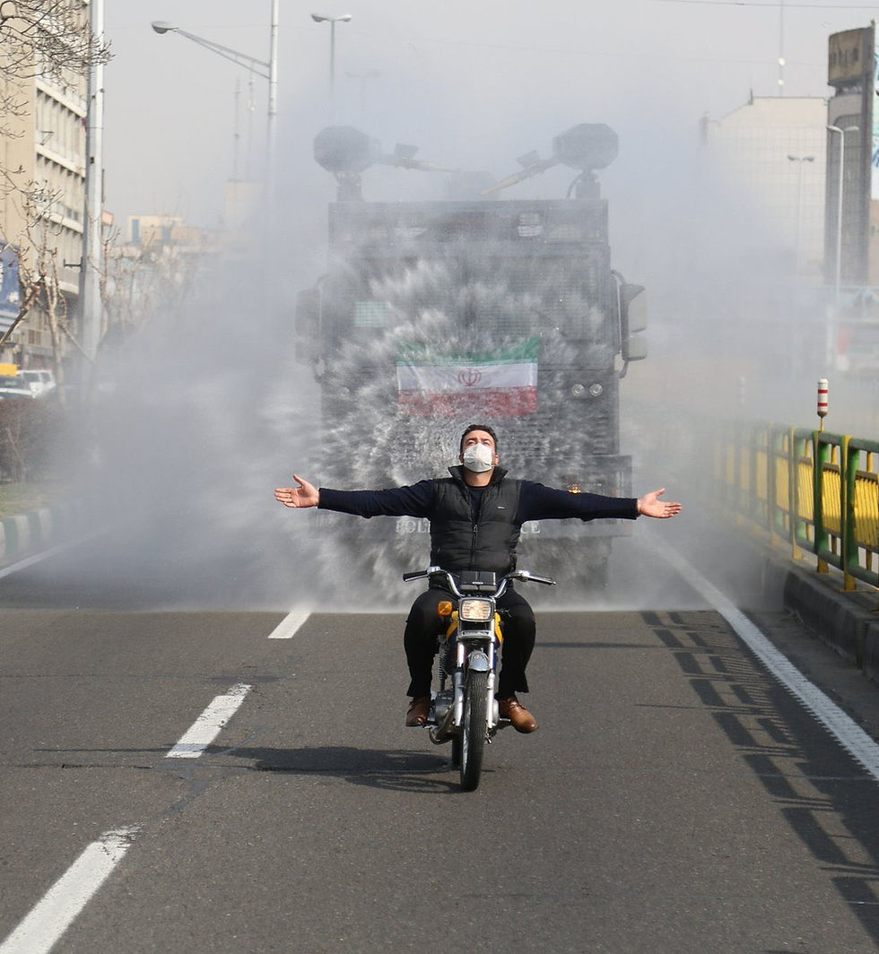 Iran is using police water cannons loaded with chemical spray to disinfect streets in Tehran as a protective measure against coronavirus
